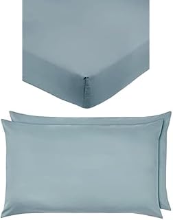 Amazon Basics Microfibre Fitted Sheet, Double, Spa Blue & Microfibre Pillowcases, Spa Blue Set of Two