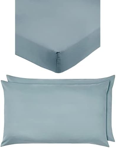 Amazon Basics Microfibre Fitted Sheet, Double, Spa Blue & Microfibre Pillowcases, Spa Blue Set of Two