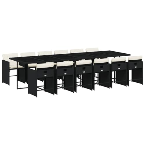 Image of 12-Piece Patio Dining Set with Black Poly Rattan and Cream White Cushions, Outdoor Furniture for Garden and Terrace, Durable Weather-Resistant Seating with Steel Frame