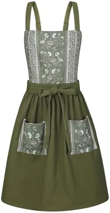 ArtexDomus Vintage Aprons for Women with Pockets Cute Pinafore Apron Dress for Kitchen Cooking Baking Gardening (Green-with-Floral)