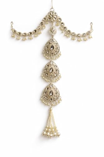 Image of Traditional Jhumar Hair Accessory, Silver Tone, Pearl Beads, Floral Design, Bridal Jewelry