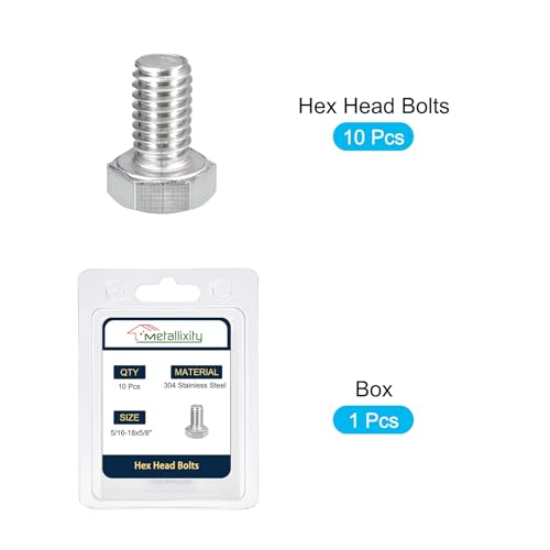 Image of METALLIXITY Hex Head Bolts (5 /16-18 x 5 /8 inch) 10Pcs, 304 Stainless Steel 18-8, Fully Threaded, External Hex Drive, Plain Finish, Hex Head Screw Bolt, Silver