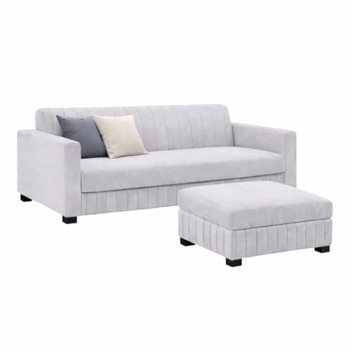 Image of FURNY Almora 4 Seater L Shape Sofa Set with Movable Ottoman | Flexible Left or Right Layout | Plush Velvet Fabric (Light Grey) | Perfect for Living Room, Guest Room & Office