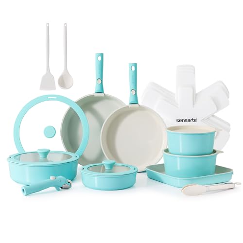 Image of SENSARTE 24 Piece Ceramic Pots and Pans Set, Nonstick Detachable Handle Cookware, Induction Cookware Set with Removable Handle, Healthy Non Stick for RV, Dishwasher&Oven Safe, PFOA Free (Turquoise)