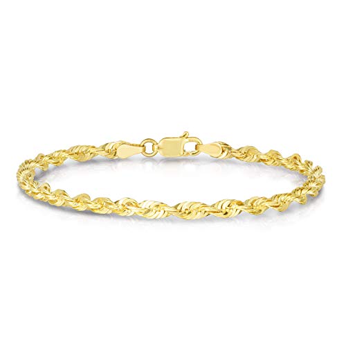 Floreo 10k Yellow Gold 2.5mm Solid Spiral Rope Multi Diamond Cut Chain Bracelet or Anklet