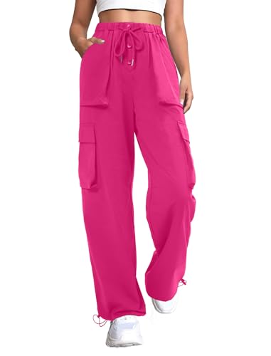 DLOODA Womens Parachute Cargo Pants Quick Dry Lightweight Baggy Hiking Joggers with 4 Pockets Casual Travel Outdoor Hot Pink