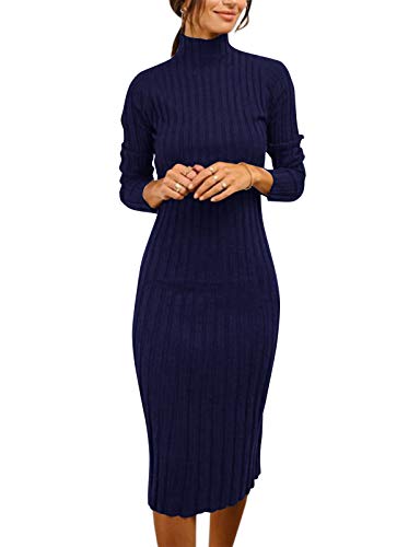 Image of MEROKEETY Women's Ribbed Long Sleeve Sweater Dress High Neck Slim Fit Knitted Midi Dress