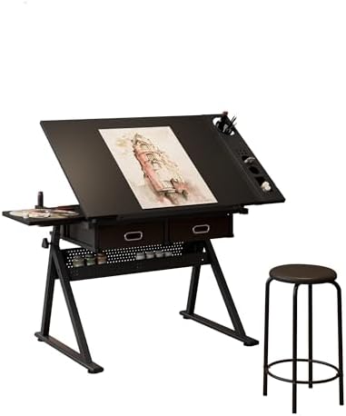 Adjustable Drafting Table Desk with 2 Drawers & Stool - Perfect for Home Office & School, Black Art & Design Workspace Furniture