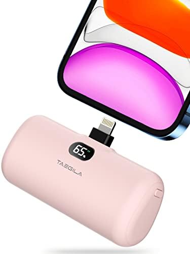 Taegila Small Portable Charger iPhone 5000mAh with Built in Cable, MFi Certified Compact Power Bank with LCD Display & LED Light for All iPhone Series 14/13/12/11/XR/X/SE/8/7/6 Pro Max(Pink)
