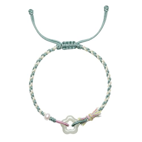 Green Jade Bracelet Flower Charm Freshwater Pearl Bead Adjustable Green Braided Bracelets Natural Gemstone Real Jade Bracelet for Women Wife Lady 6.3-8.7" (16+6cm) Y17139573