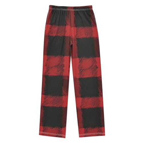 Black and Red Plaid Boys Long Pants Soft Trousers Elastic Waist Kids Lounge Bottoms with Pockets S-XL