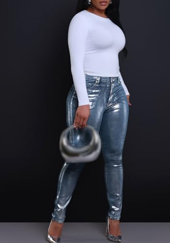 LKOUS Women's High Waist Stretchy Skinny Metallic Silver Jeans, Sexy Sparkly Slim Fit Denim Pants with Pockets3