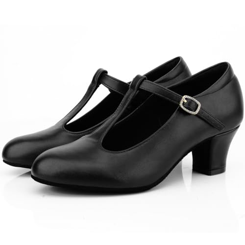 Women's T-Strap Character Shoes Latin Ballroom Dance Heels Black Wedding Pumps2