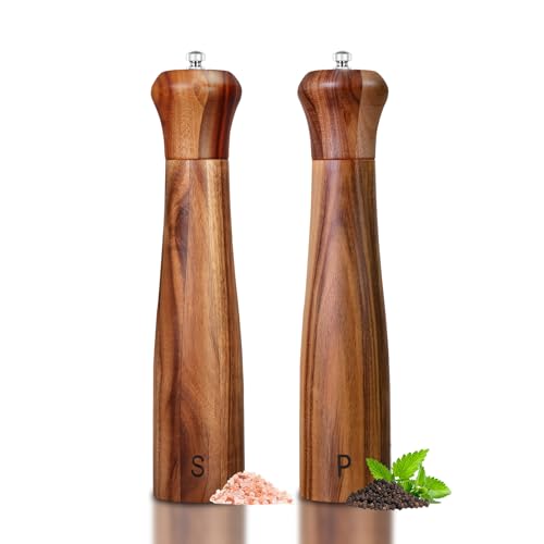 Comparison: Best Wood Salt And Pepper Grinders 11 2 Pack 10 Inch Acacia Wooden Salt and Pepper Grinder Set, Manual Salt and Pepper Mills, Salt Grinder Refillable with Adjustable Coarseness, Ceramic/Stainless Steel Core Tableware Gifts