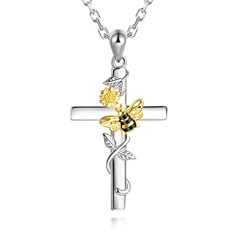 Cross Necklace 925 Sterling Silver Sunflower Pendant Bee Necklace You are my Sunshine Jewelry Gifts for Women