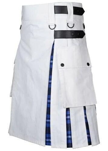 Schottischer Herren-Hybrid-Kilt aus weißer Baumwolle – American Patriot Tartan • Moderner Hybrid, weiß, 32 inches / 81 cm