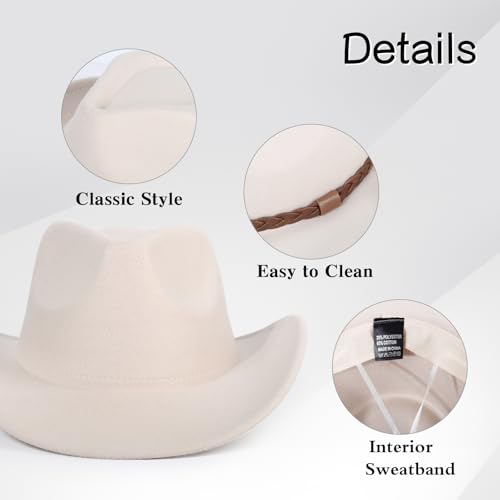 Image of 2 Pack Western Cowboy Hats for Women Men 4 Different hat Bands | Classic Felt Wide Brim Costume Cow Boy Hat Curved Brim Cowgirl Hat