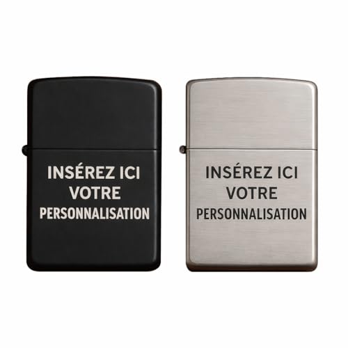 Briquet à essence personnalisable – Modèle Zip en métal – Gravure au laser Nom, Initiales ou Logo – Fabriqué en Italie