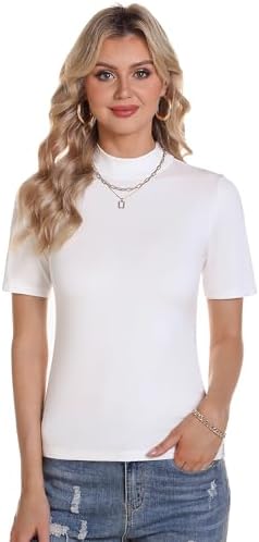 Totatuit Damen T-Shirt Stehkragen Shirt Rollkragen Kurzarm Basic Top | Elegantes Kurzarmshirt, elastischer Slim Fit, weicher Jersey, vielseitig für Büro, Freizeit und Party