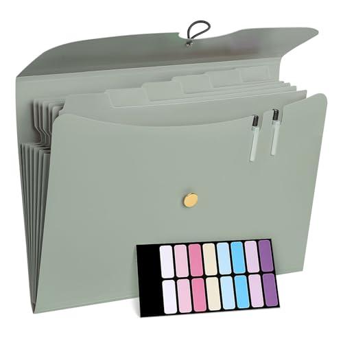 DoocliB ファイルケース a4縦 7ポケット書類収納ジャバラ 持ち運び 拡張アコーディオンファイル ヨコ型 区分けラベル付き 大容量 分類収納 文房具 学校 事務用品 （グリーン-B）