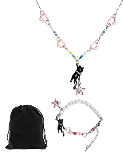 HUVZOR 1 ensemble Collier de perles étoile rose, collier chat pendentif, joli bijou porte-bonheur pour amoureux des chats, bijoux pour femmes et...