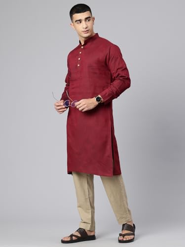 Image of Majestic Man Men's Cotton Regular Fit Traditional Mandarin Collar Ethnic Motifs Solid Long Kurta