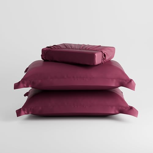Image of Stoa Paris 350TC Luxstre Cotton Double Fitted Bedding Set with 2 Pillow Covers, All-Around Elastic Fitted Bedsheet 152cm x 198cm + 30cm Drop, All Season Comfort, Breathable, Panache - Maroon