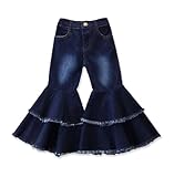 Flyswiner Fashion Baby Kid Girls Ruffled Wide Leg Flared Denim Pants Ripped Jeans High Waist Bell Bottoms Outfits 1-2T Dark Blue