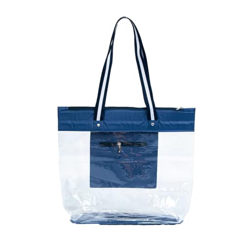 Bolsa de Praia Impermeável com Zíper, PVC, Bolso Interno (Azul Marinho Listra)
