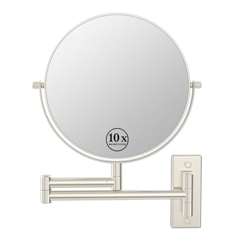 LANSI Wall Mounted Makeup Mirror, 1x/10x Double-Side Magnifying Mirror 8 Inch Vanity Mirror, 360° Extendable Arm Wall Mirror, Bathroom Mirror for Makeup or Shaving Nickel
