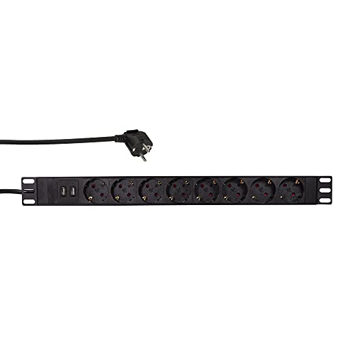 LogiLink Professional 19 Inch PDU 8 x CEE7/3 Socket + 2 x USB, Surge Protection, Protective Contact, Aluminium Housing, Black