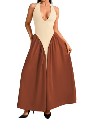 Image of ChiaoLezhee Deep V Neck Dress, Halter Maxi Dresses, Vacation Date Night, Sexy for Women Corset Flowy Wedding Guest Drop Waist