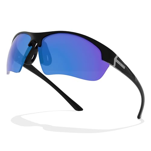 B.N.U.S Sports Sunglasses polarized UV Protection - Best Choice for Cycling, Running, Baseball, Rowing, Outdoor Sports (Black/Sapphire Polarized, PC Lenses)