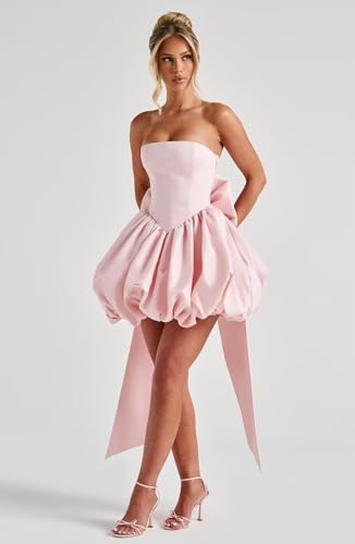 Strapless Bubble Homecoming Dresses with Bow 2025 Short Satin Prom Dress for Teens Mini Cocktail Dress3