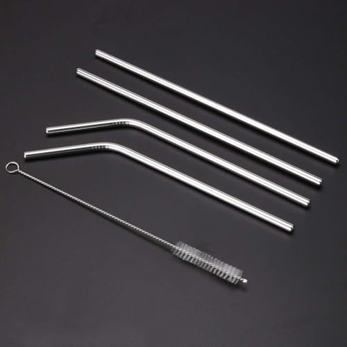Image of Reusable Stainless Steel Straw for Kids and Adults Reusable Metal Straw Set with Cleaning Brush, Thick, Long, Dishwasher Safe Stainless Steel (2 Bent + 2 Straight +1 Brush)