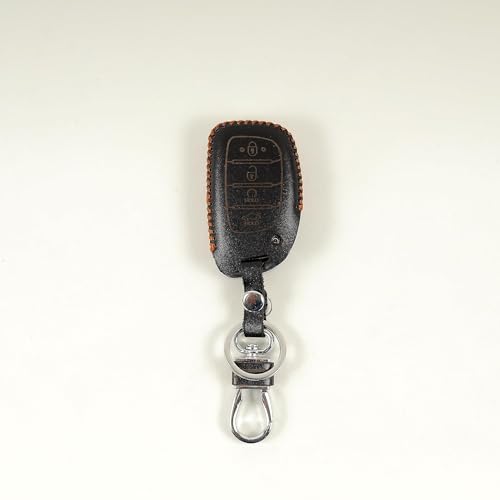 Image of Leather Smart Car Key Cover Case with Key Chain for Tucson, I-20 (2021), Creta, Venue, Elantra (Black)