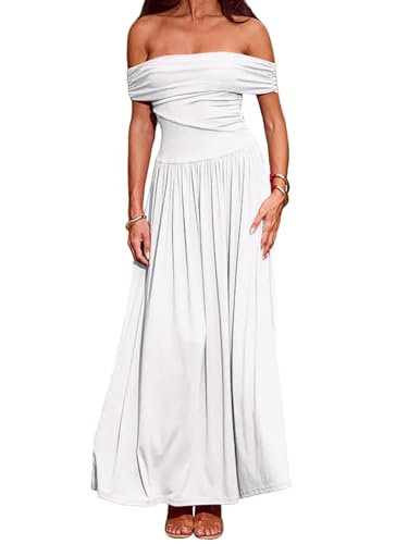 Women's Off The Shoulder Maxi Dress Bodycon Ruched Flowy Long Dresses Pleated Summer Dress2