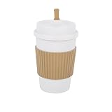 Modern Minimalist Reusable Travel Coffee Mug with Silicone Sleeve, Leak-Resistant Lid, White, Wheat Straw Material, 15 oz (Khaki)