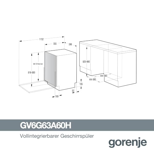 Gorenje GV6G63A60H Einbau-Geschirrspüler/Vollintegriert/ 60 Breite/ 16 Maßgedecke/ 7 Programme/Europäische Qualität/TotalDry/BottleWash/Intensive Reinigungszone/FlexUse/ 20% besser als EEK A