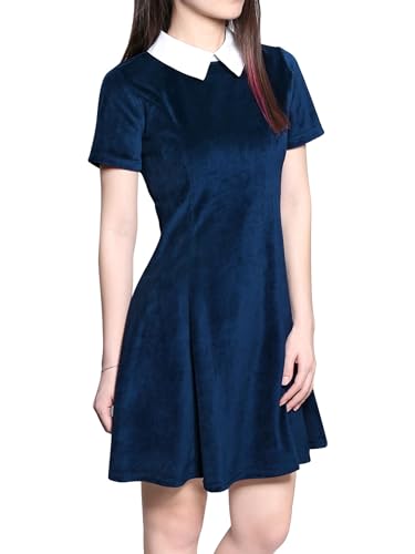 Allegra K Damen Kurzarm A-Linie Bubikragen Kleid Knielang Party Minikleid Blau M