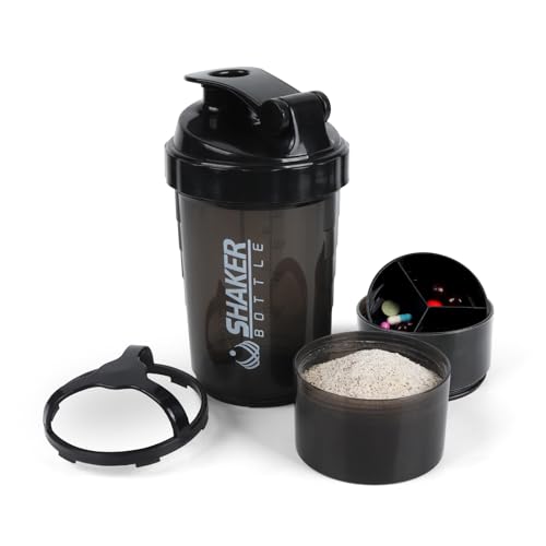 8 Ounce Shaker Bottle: Perfect Companion for Protein Shakes & More! 6 XTKS Shaker Bottle - Protein Shaker Cup with Storage Compartments - Leak-proof Workout Shake Bottles with Mixer for Smooth Mixing-500ML/16oz (PURE BLACK)