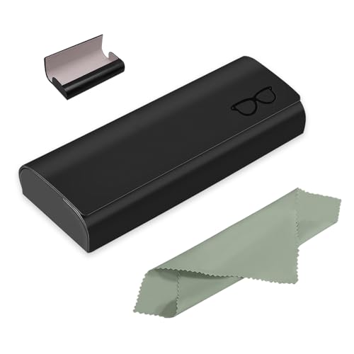 Azwood Étui à lunettes rigide en cuir synthétique de qualité supérieure - Noir - Pour homme et femme - Livré avec un chiffon en microfibre pour lunettes...