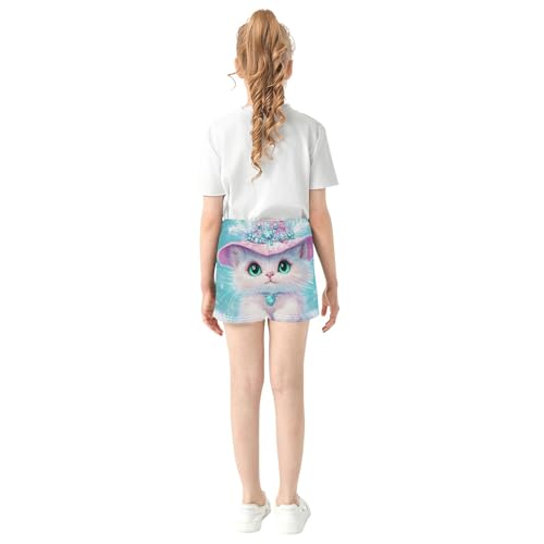 Girls Lounge Shorts Winter White Cat Pink Hat Cute Comfy Animal Print Athletic Pajama Shorts Summer Clothes, X-Small3