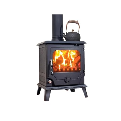 Cast Iron Wood Burning Stove with Cool Touch Safety Handle,Heats Up to 550 Sq Ft, Large Glass Window Automatic Air Curtain System,FireBrick Lined Interior