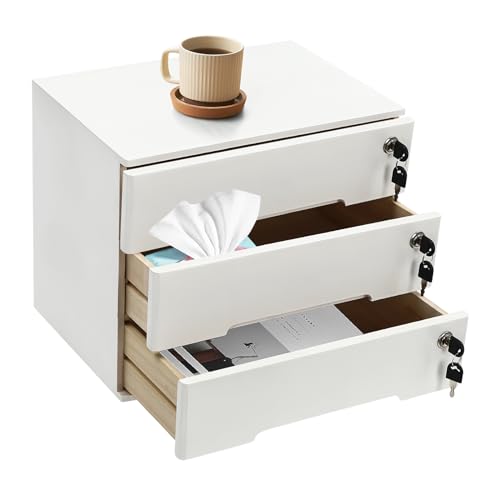 LEYSRIS Wooden Desk Organizer with Lockable Drawers, 3-Tier Countertop Storage Cabinet File Cabinet Jewelry Organizer Home Office Supplies Organization Unit (White-3 Lock)