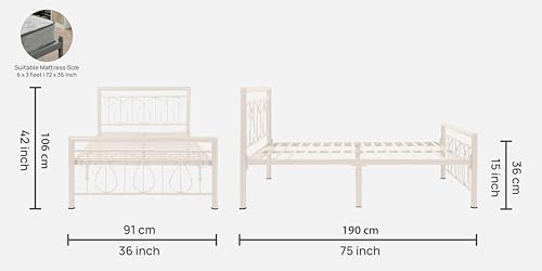 Image of Kovu Metal Extra Single Size Bed Without Storage | Wrought Iron Single Bed with Headboard & Footboard| Sturdy Powder Coated Platform Cot for Bedroom (Kovu Ivory)