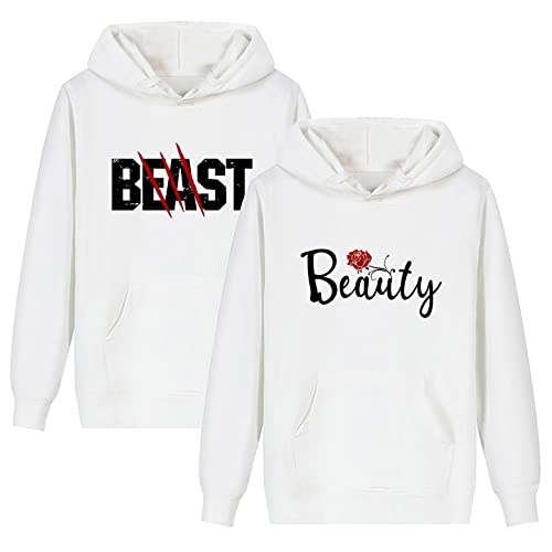 Beast Beauty Matching Couple Hoodie,Pure Cotton Long Sleeve Matching Hoodie for Couple,His & Hers Pullover Hoodie Sweatshirt (PRICED FOR 1 HOODIE)Beauty-White-S