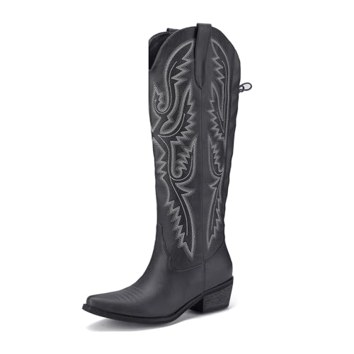 Image of Lace Up Cowboy Boots for Women Embroidered Wide Calf Cowgirl Boots Comfortable Chunky Heel Pointed Toe Trendy Western Shoes for Prom Music Festival