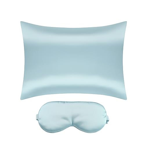 uxcell Satin Pillowcase for Hair and Skin with Hidden Zipper Breathable Pillow Case with Sleep Mask, Set of 2 Blue Queen (51x76cm)