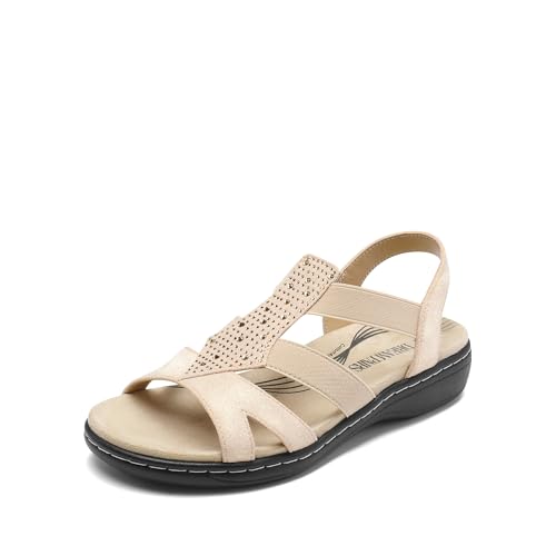 DREAM PAIRS Women's Comfortable Arch Support Dressy Flat Sandals Elastic Open Toe Walking Shoes for Summer 6.5 Gold